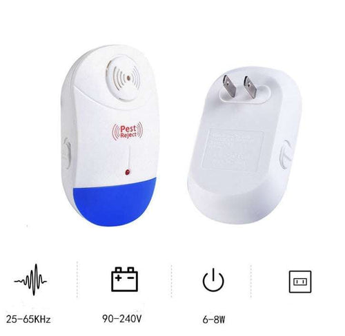 Ultrasonic pest reject device plugged into wall for indoor rodent and insect control