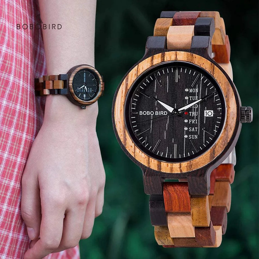 BOBO BIRD Couple Wooden Watch Luxury Brand Wood Timepieces Week Date Display Quartz Watches for Men Women Customized Family Gift